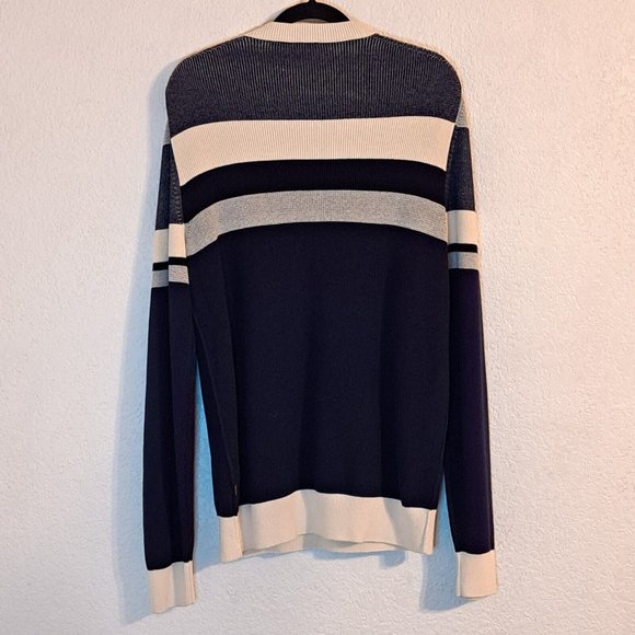Boss Hugo Boss Sweater Men's Large Color Block Stripe Black Cream Kastory L Slv - Picture 7 of 9